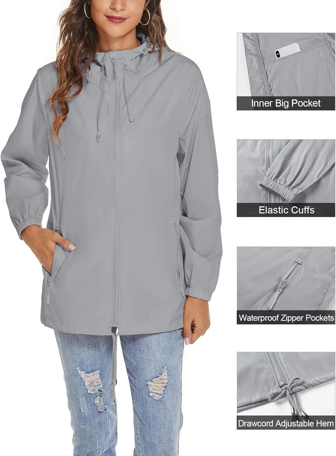Avoogue Womens Waterproof Raincoat Lightweight Breathable Rain Jacket Hooded Rain Coat Outdoor Active Windbreaker with Pocket