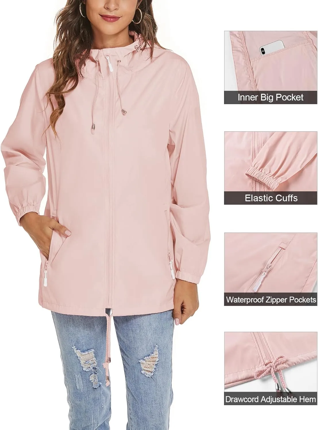 Avoogue Womens Waterproof Raincoat Lightweight Breathable Rain Jacket Hooded Rain Coat Outdoor Active Windbreaker with Pocket