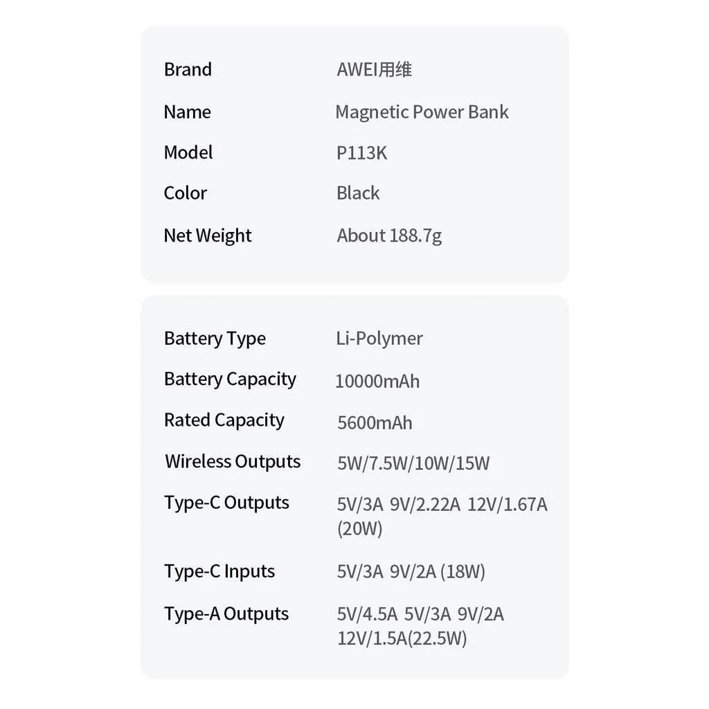 Awei Ultra-Thin Magnetic Wireless Charging 10000mAh / PD20W