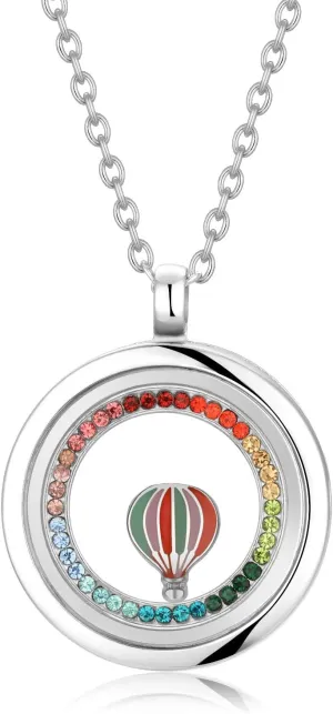 AZNECK Women Glass Locket Pendant Floating Memory Necklace Hot Air Balloon Trip Stainless Steel Jewelry Graduation Gifts for her