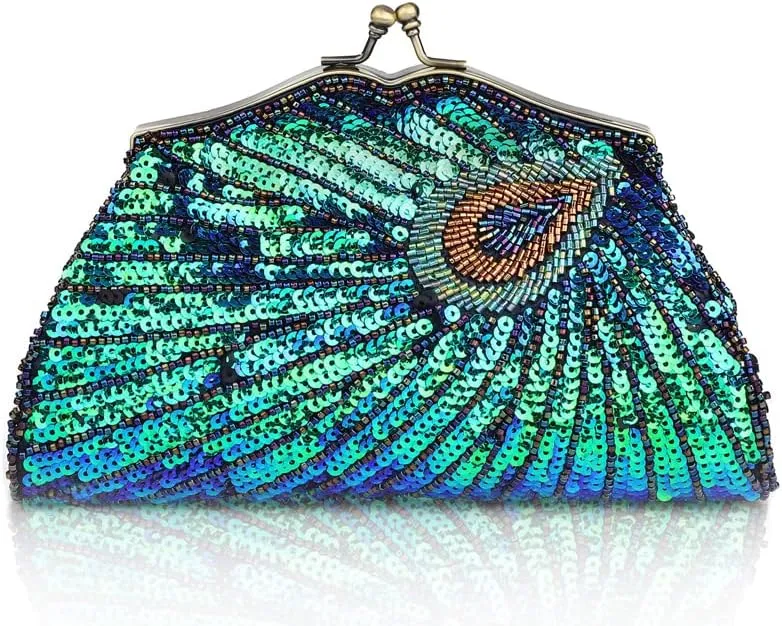 BABEYOND 1920s Flapper Peacock Clutch - Gatsby Sequined Evening Handbag Beaded Bag for Prom Cocktail Party