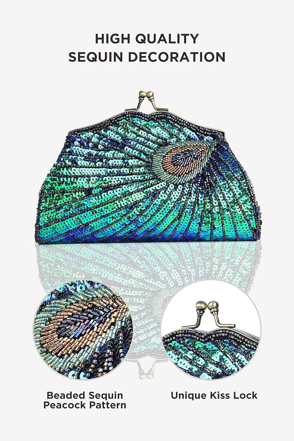 BABEYOND 1920s Flapper Peacock Clutch - Gatsby Sequined Evening Handbag Beaded Bag for Prom Cocktail Party