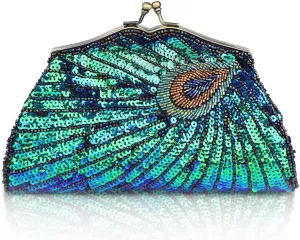 BABEYOND 1920s Flapper Peacock Clutch - Gatsby Sequined Evening Handbag Beaded Bag for Prom Cocktail Party