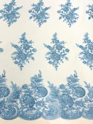 Backdrop King Inc, Floral Corded Embroider with Sequins on a mesh lace Fabric-Prom Sold by The Yard (Light Blue)