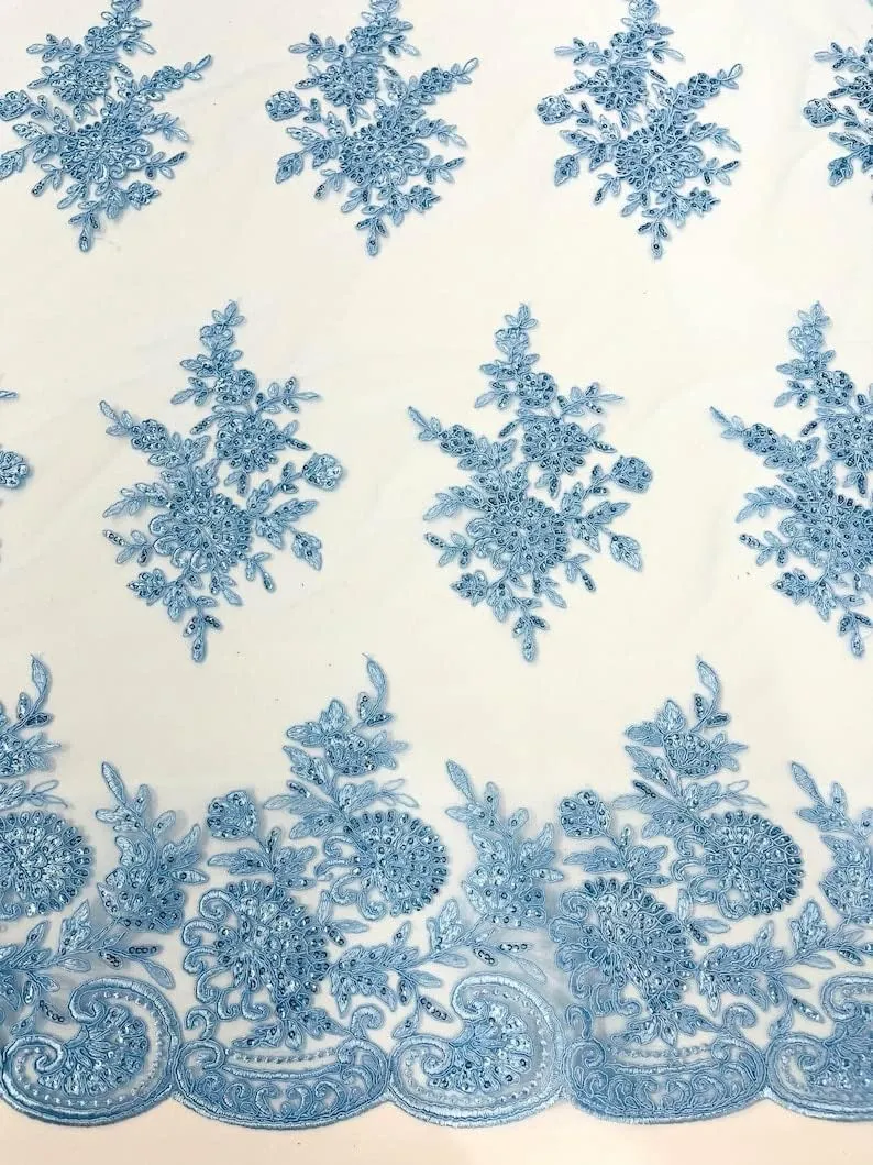 Backdrop King Inc, Floral Corded Embroider with Sequins on a mesh lace Fabric-Prom Sold by The Yard (Light Blue)