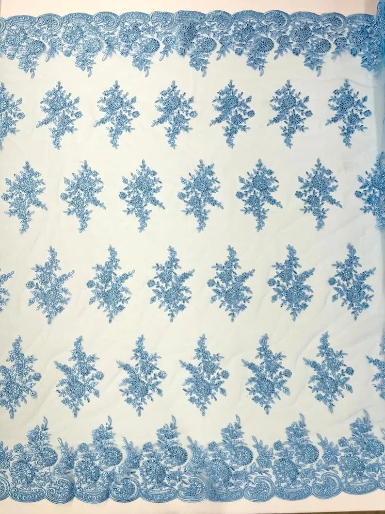 Backdrop King Inc, Floral Corded Embroider with Sequins on a mesh lace Fabric-Prom Sold by The Yard (Light Blue)