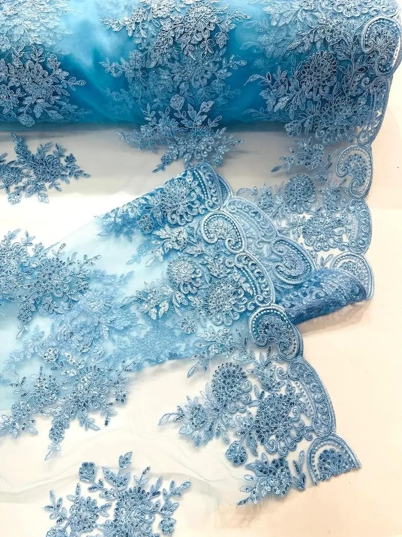 Backdrop King Inc, Floral Corded Embroider with Sequins on a mesh lace Fabric-Prom Sold by The Yard (Light Blue)