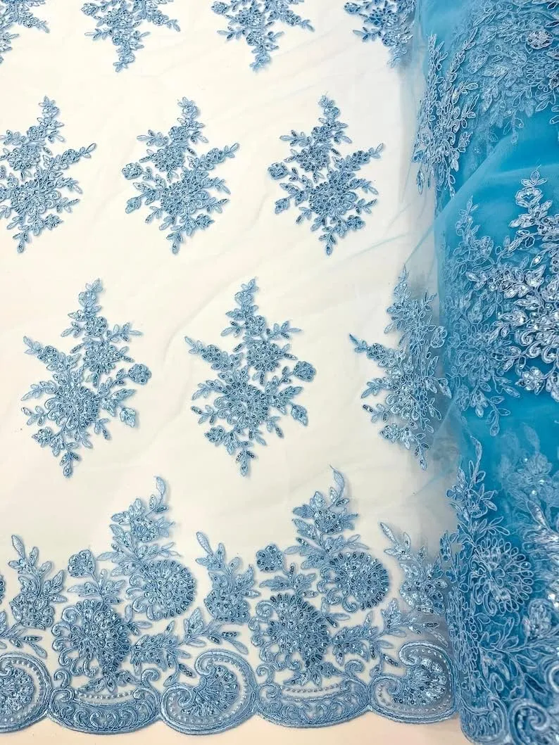 Backdrop King Inc, Floral Corded Embroider with Sequins on a mesh lace Fabric-Prom Sold by The Yard (Light Blue)