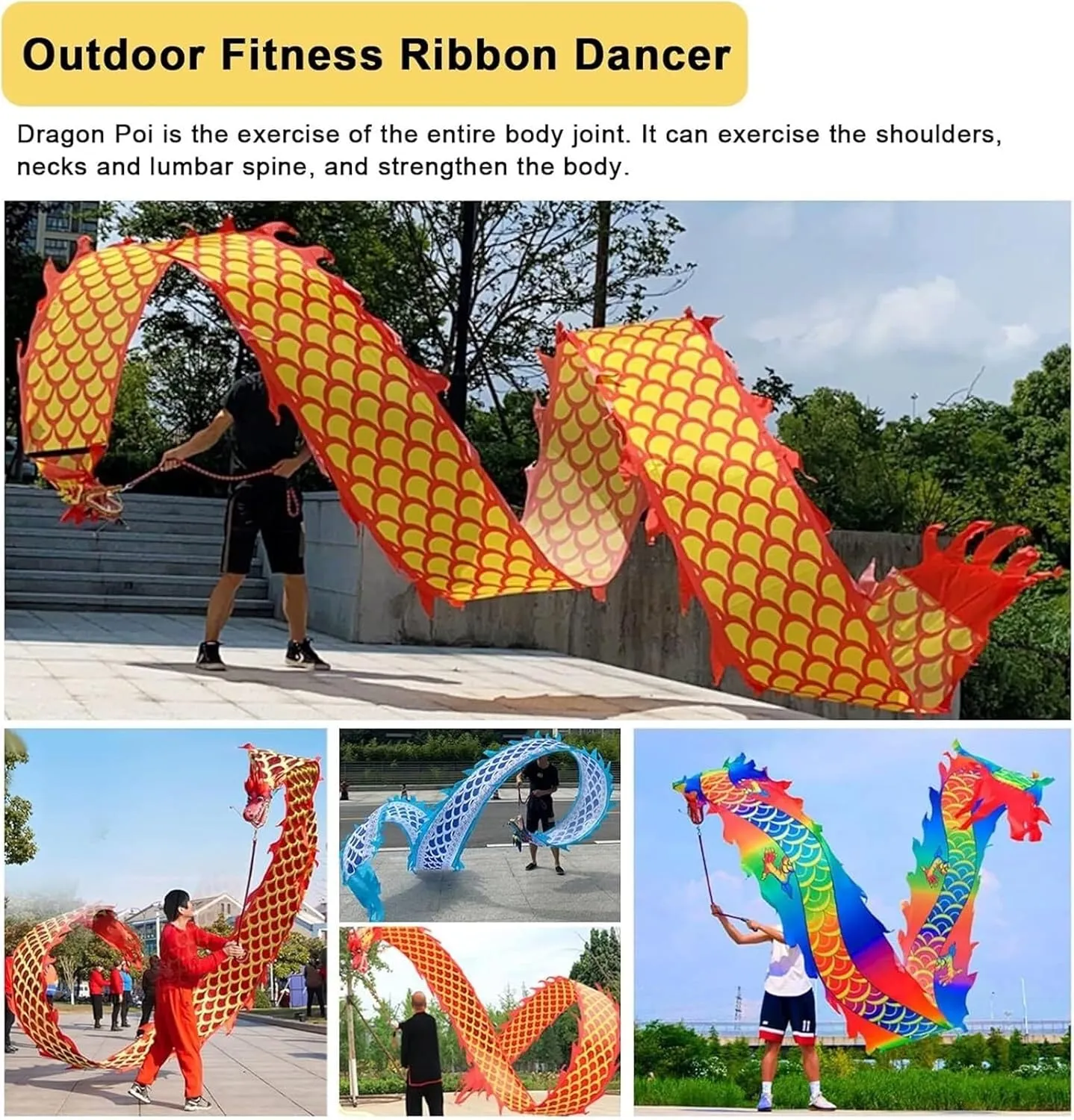 Beaded Curtain， 3D Dragon Poi Ribbon, 6 8 10 M Long Throw Streamer Set for Outside, Sports Fitness Dancer with Travel Bag, Lightweight Flinging Kite Play Set