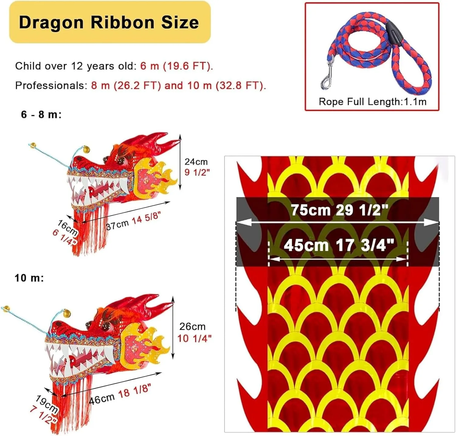 Beaded Curtain， 3D Dragon Poi Ribbon, 6 8 10 M Long Throw Streamer Set for Outside, Sports Fitness Dancer with Travel Bag, Lightweight Flinging Kite Play Set