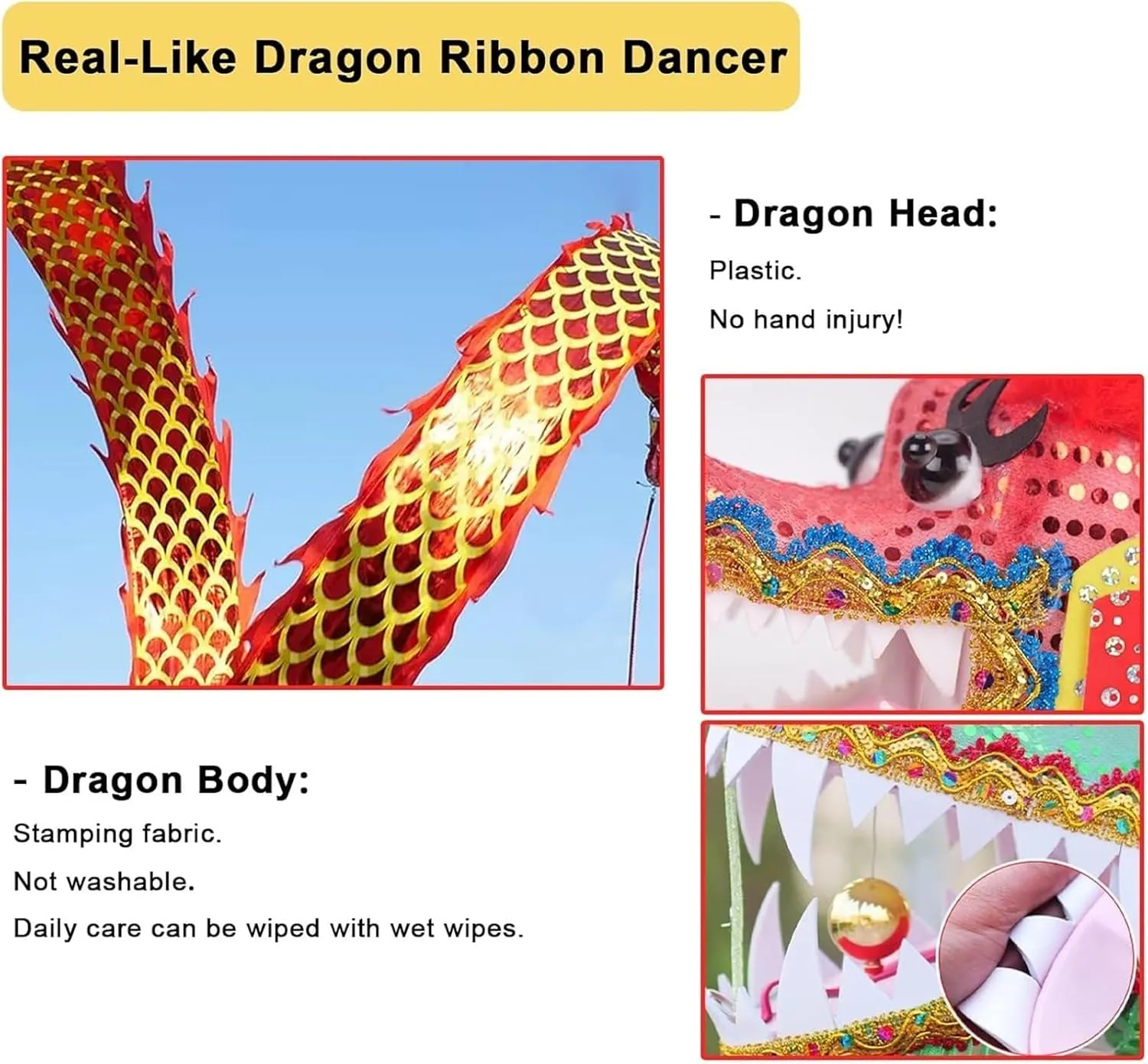 Beaded Curtain， 3D Dragon Poi Ribbon, 6 8 10 M Long Throw Streamer Set for Outside, Sports Fitness Dancer with Travel Bag, Lightweight Flinging Kite Play Set