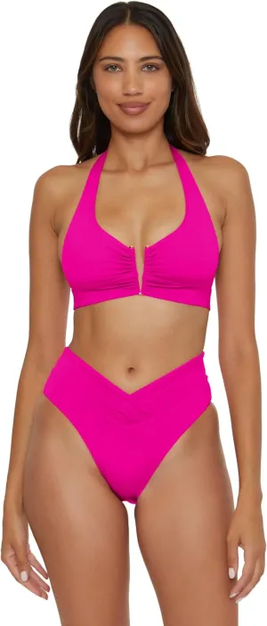 BECCA Swimwear Standard Color Code V-Wire Shirred Bikini Top, Adjustable, Tie Back, Separates for Women
