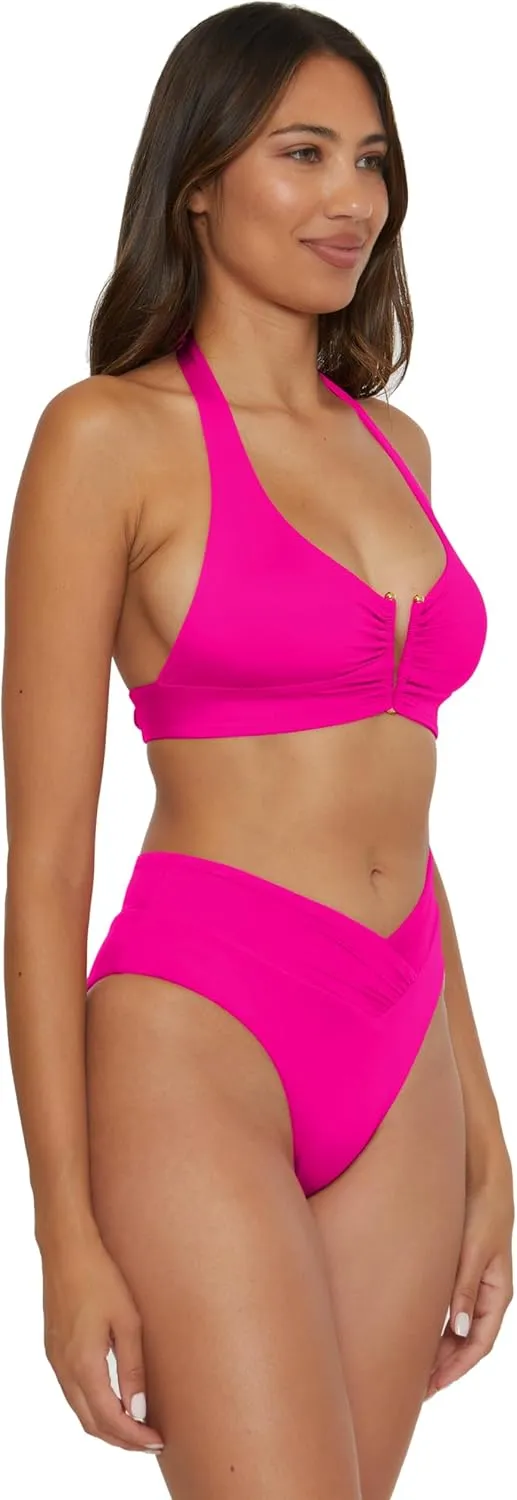 BECCA Swimwear Standard Color Code V-Wire Shirred Bikini Top, Adjustable, Tie Back, Separates for Women