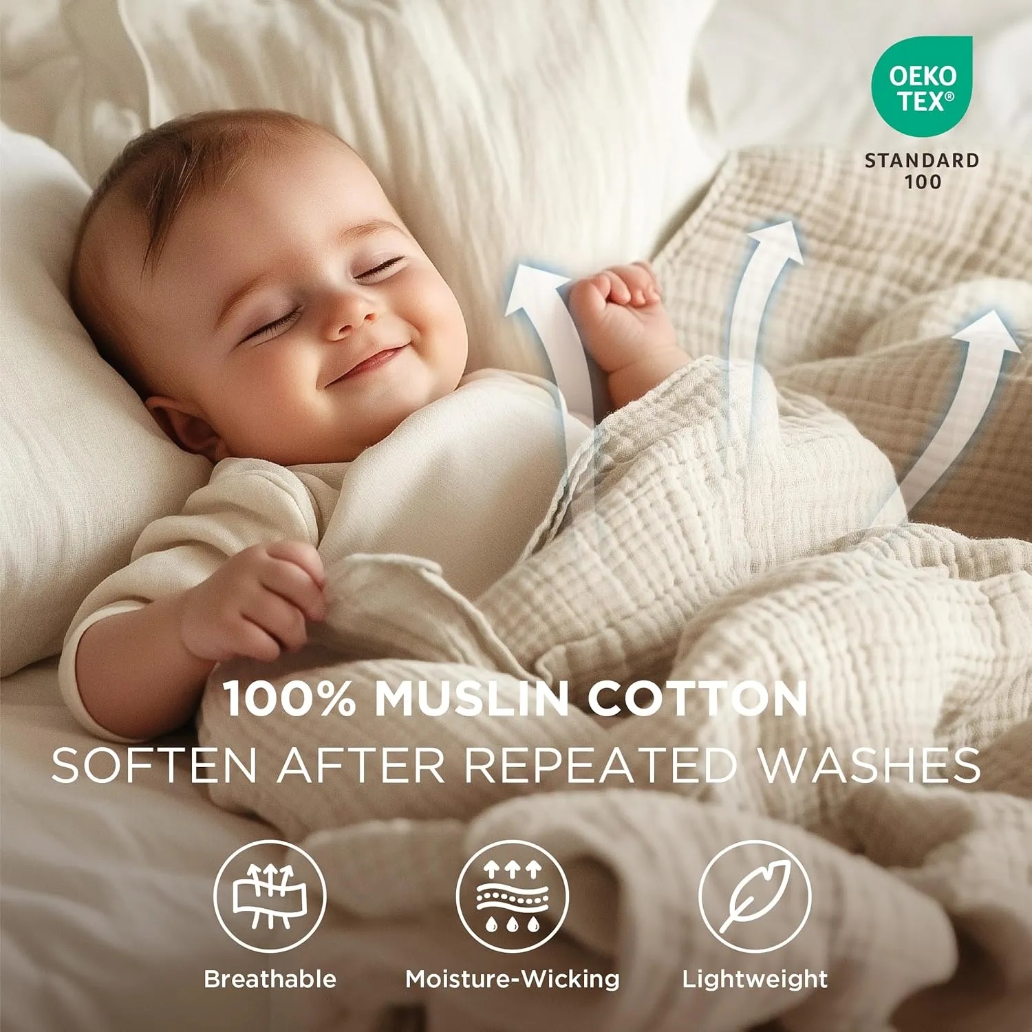 Bedsure 100% Cotton Muslin Throw Blanket Large 50x70 Inches - 4-Layer Breathable and Lightweight Thin Soft Summer Gauze Muslin Blanket for Adults, Linen Beige, Boho Cotton Throw for Couch