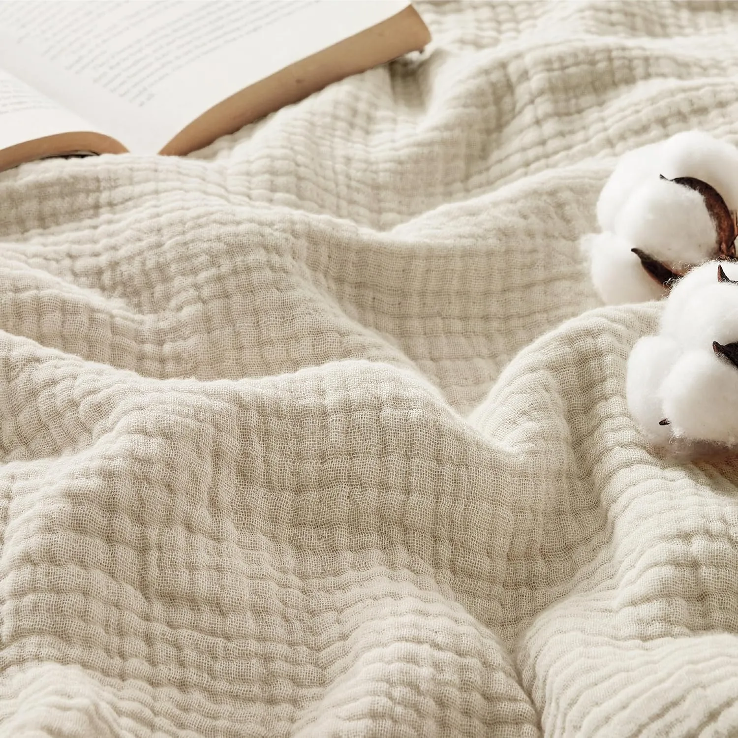 Bedsure 100% Cotton Muslin Throw Blanket Large 50x70 Inches - 4-Layer Breathable and Lightweight Thin Soft Summer Gauze Muslin Blanket for Adults, Linen Beige, Boho Cotton Throw for Couch
