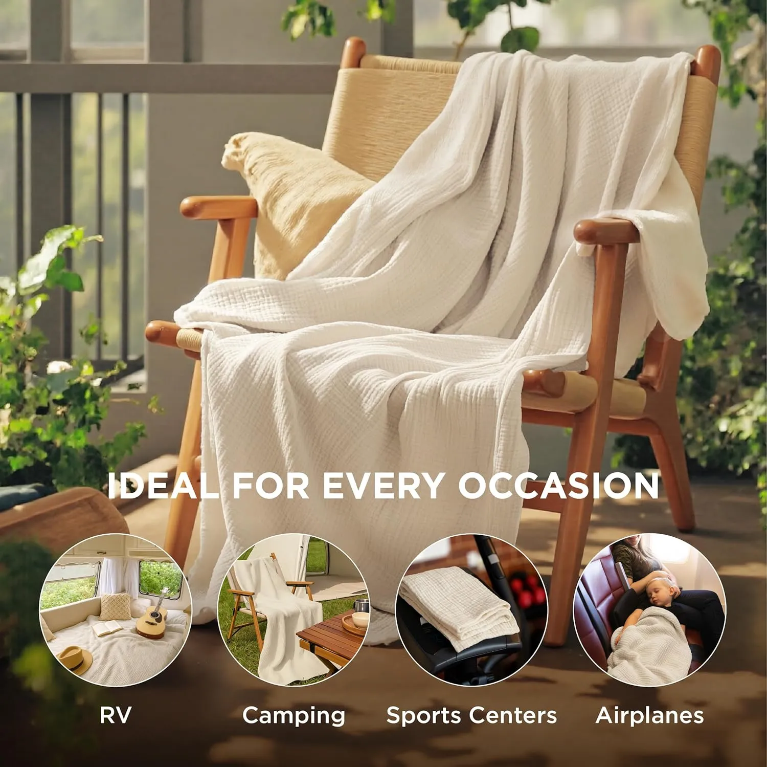 Bedsure 100% Cotton Muslin Throw Blanket Large 50x70 Inches - 4-Layer Breathable and Lightweight Thin Soft Summer Gauze Muslin Blanket for Adults, Linen Beige, Boho Cotton Throw for Couch