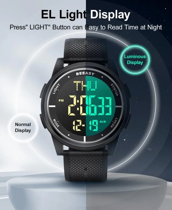Beeasy Digital Watch Waterproof with Stopwatch Alarm Countdown Dual Time, Ultra-Thin Super Wide-Angle Display Digital Wrist Watches for Men Women
