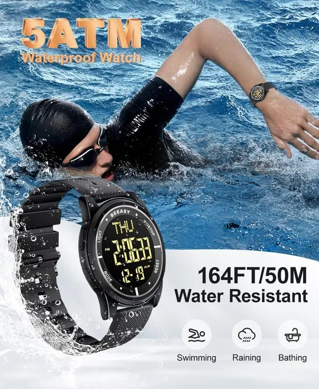 Beeasy Digital Watch Waterproof with Stopwatch Alarm Countdown Dual Time, Ultra-Thin Super Wide-Angle Display Digital Wrist Watches for Men Women
