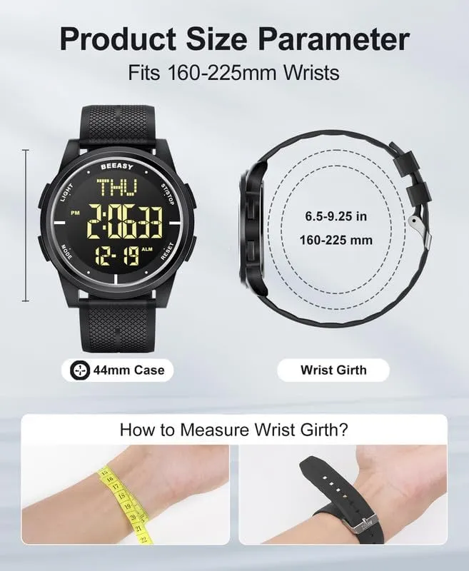 Beeasy Digital Watch Waterproof with Stopwatch Alarm Countdown Dual Time, Ultra-Thin Super Wide-Angle Display Digital Wrist Watches for Men Women