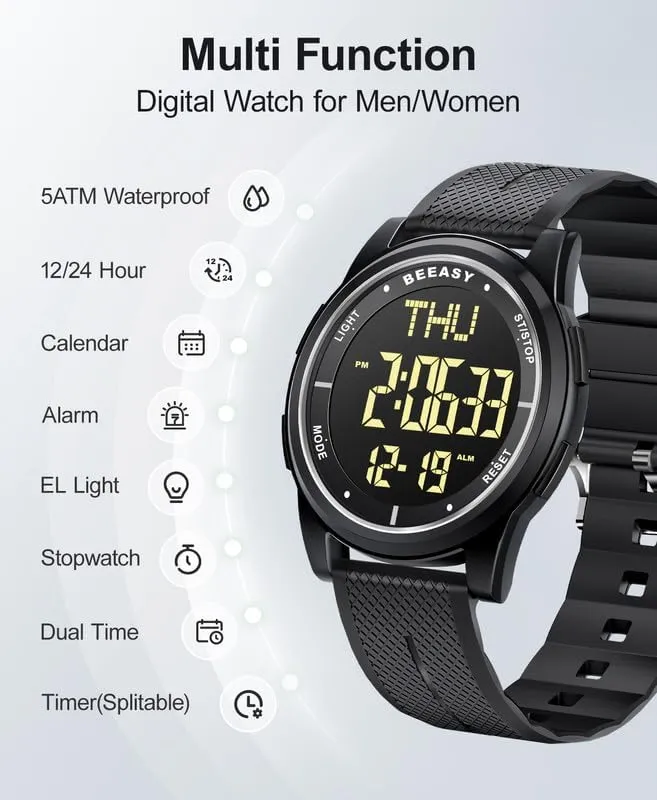 Beeasy Digital Watch Waterproof with Stopwatch Alarm Countdown Dual Time, Ultra-Thin Super Wide-Angle Display Digital Wrist Watches for Men Women