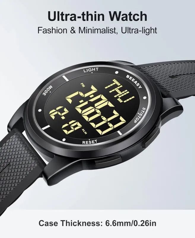Beeasy Digital Watch Waterproof with Stopwatch Alarm Countdown Dual Time, Ultra-Thin Super Wide-Angle Display Digital Wrist Watches for Men Women
