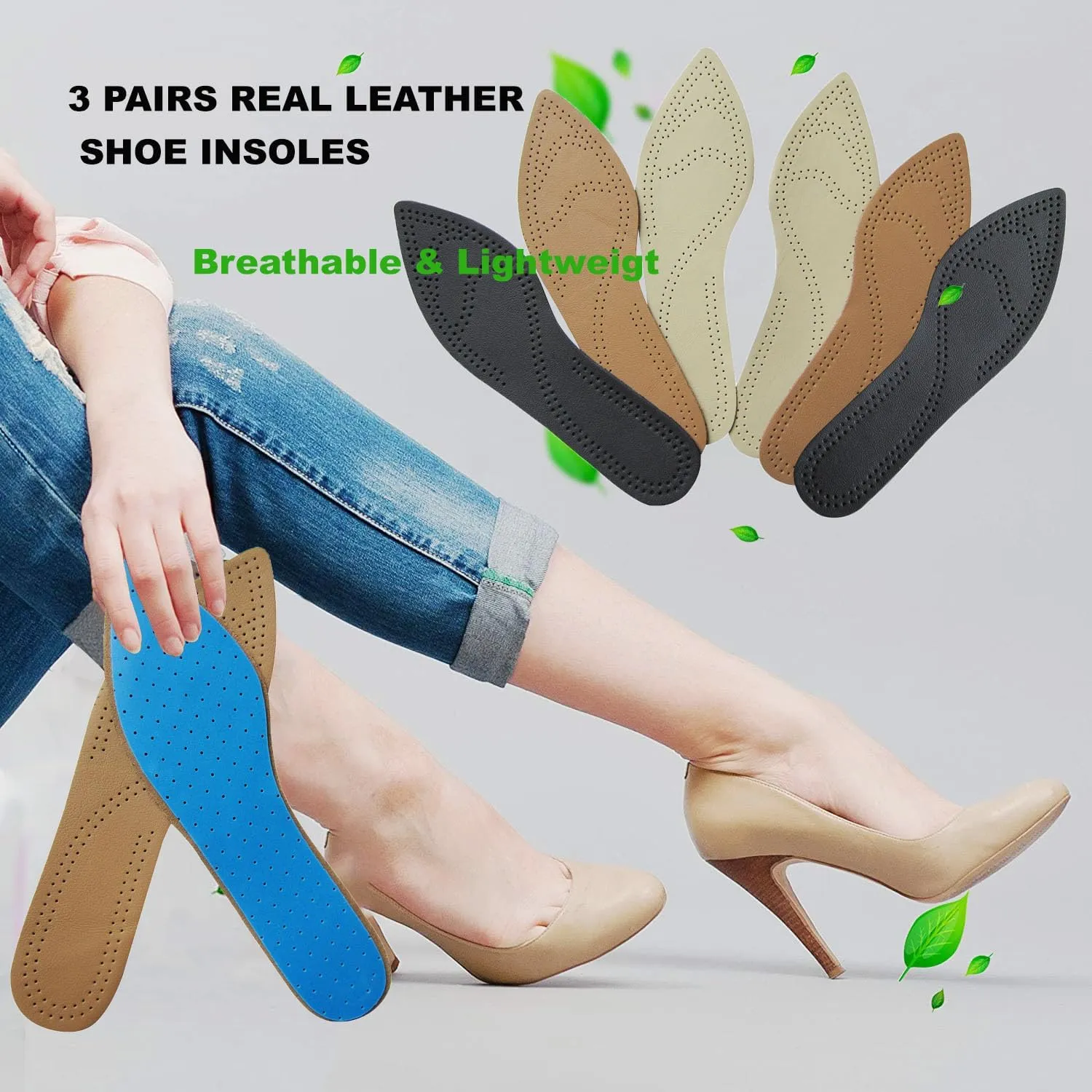 Bellcon Leather Insoles for Women High Heels Ultra Thin Leather Inserts for Women Dress Shoes Thin Soles Liners Replacement for Women, 3 Pairs/Womens 7-8 M US