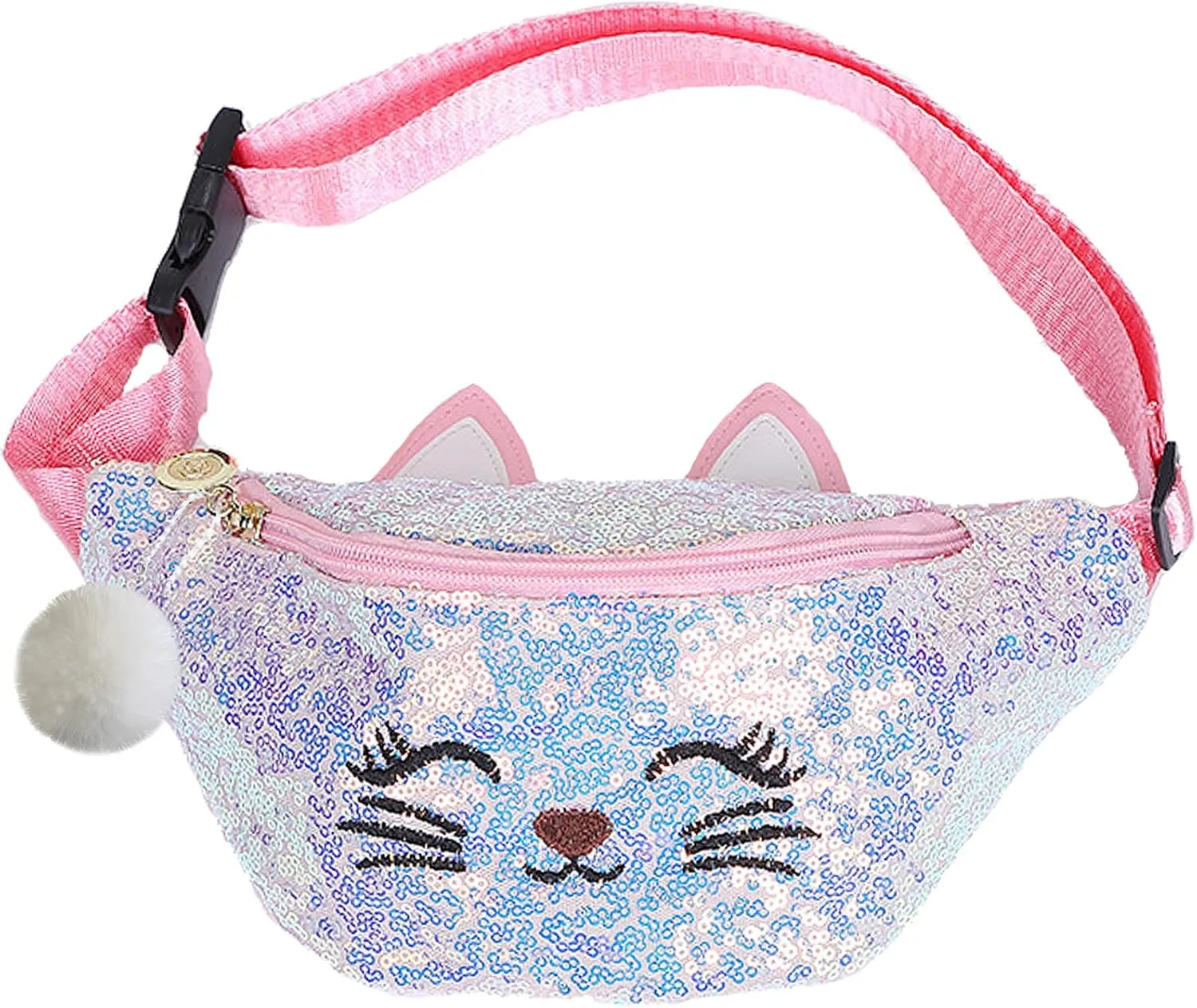 BIBDOO Kids Fanny Pack for Girls Shiny Waist Bag Cat Gift with Pom Pom