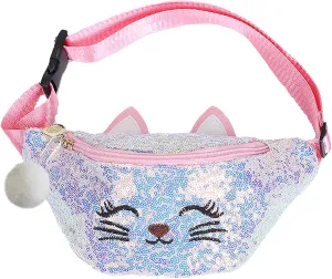 BIBDOO Kids Fanny Pack for Girls Shiny Waist Bag Cat Gift with Pom Pom