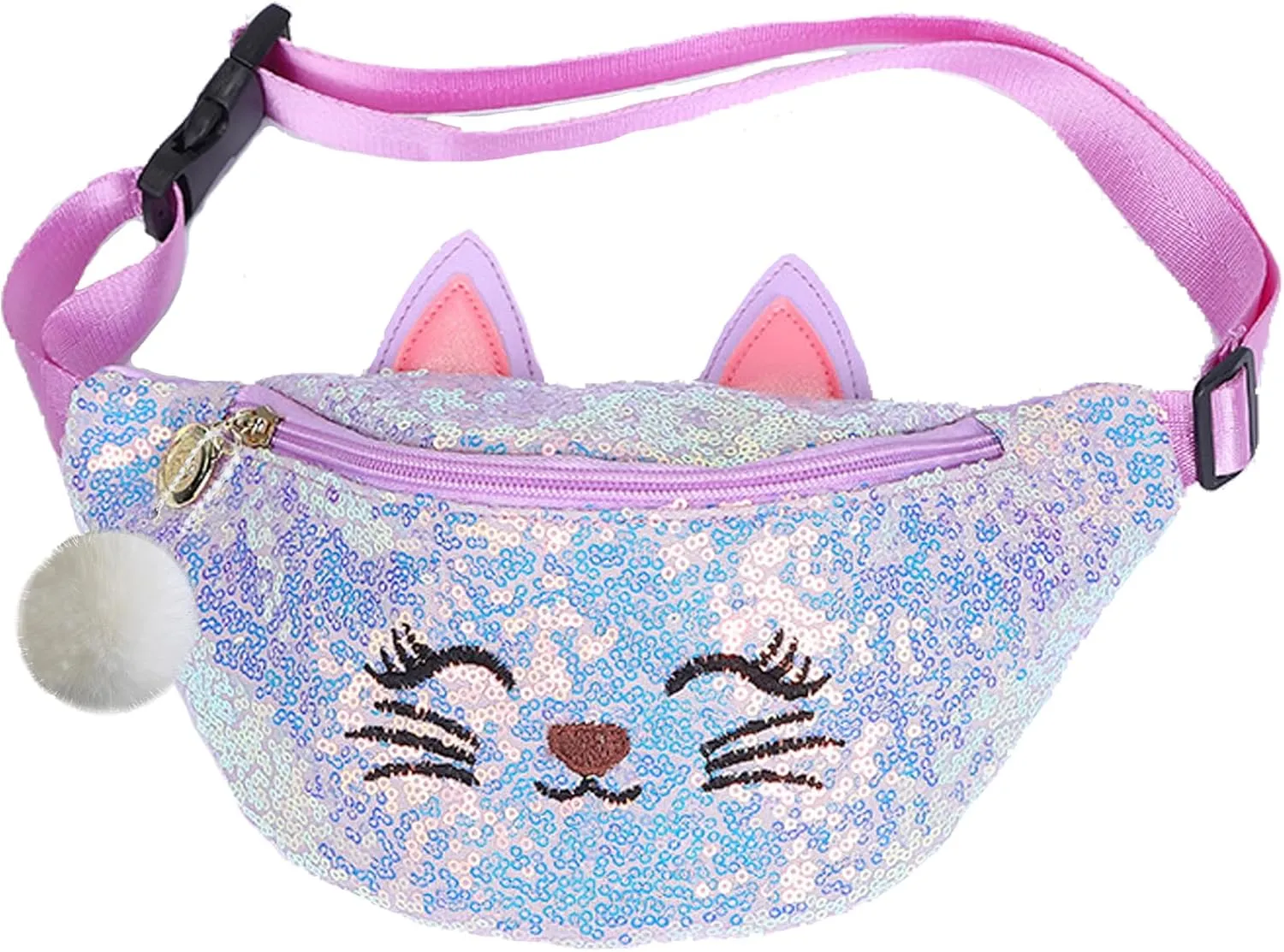 BIBDOO Kids Fanny Pack for Girls Shiny Waist Bag Cat Gift with Pom Pom