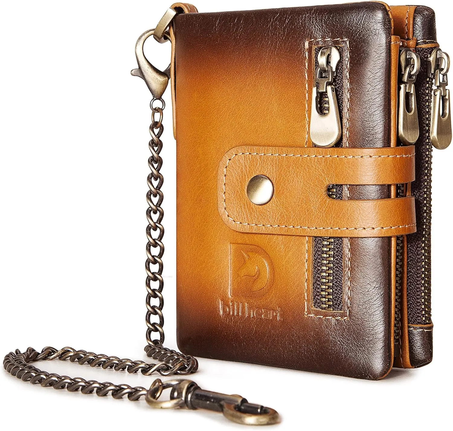 bill heart Genuine Leather Mens Wallet with Chain, RFID Blocking Biker Bifold Wallet with Anti-Theft Chain