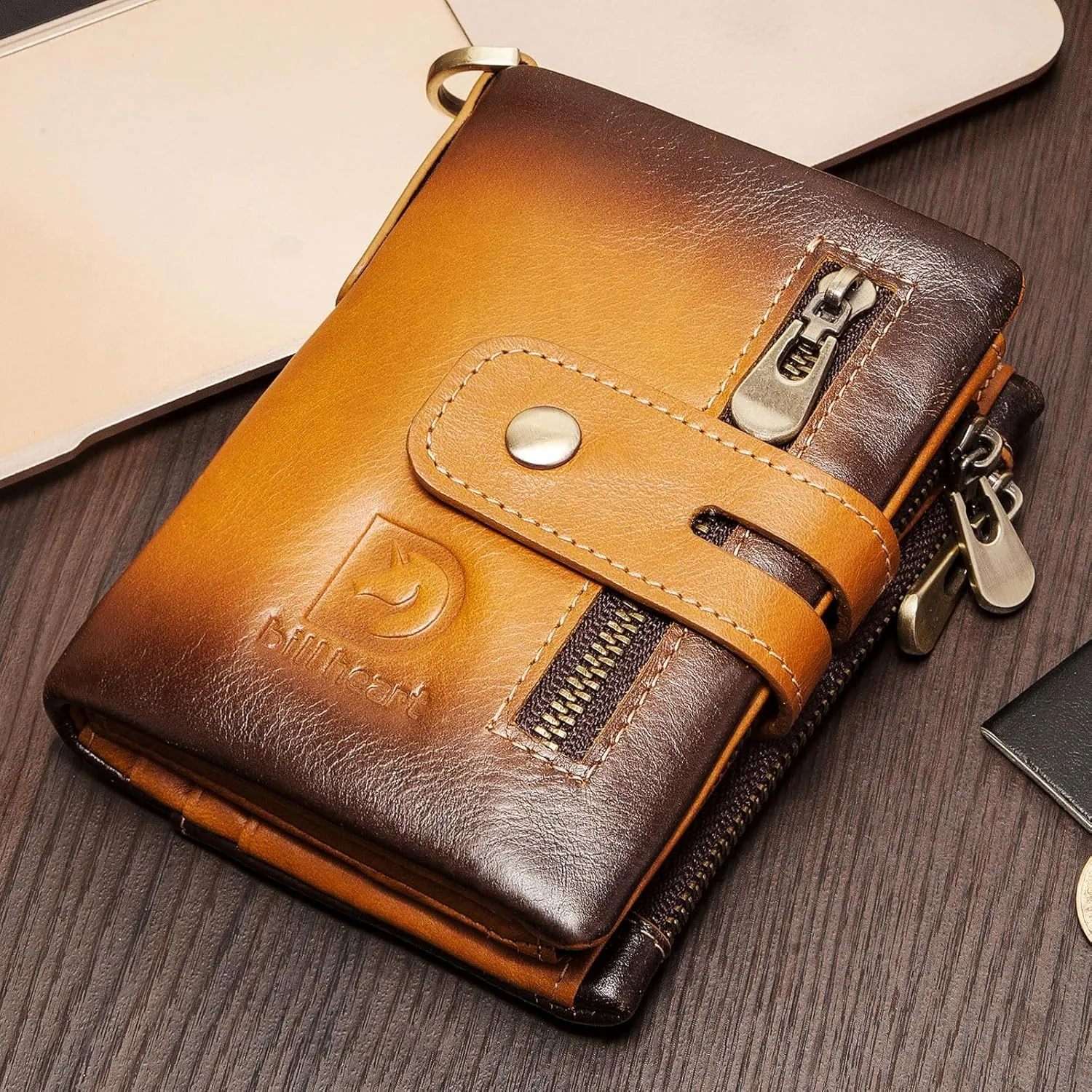 bill heart Genuine Leather Mens Wallet with Chain, RFID Blocking Biker Bifold Wallet with Anti-Theft Chain