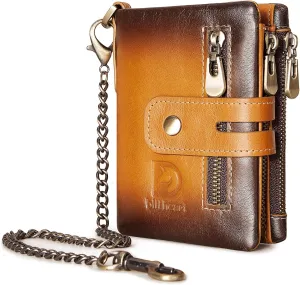 bill heart Genuine Leather Mens Wallet with Chain, RFID Blocking Biker Bifold Wallet with Anti-Theft Chain