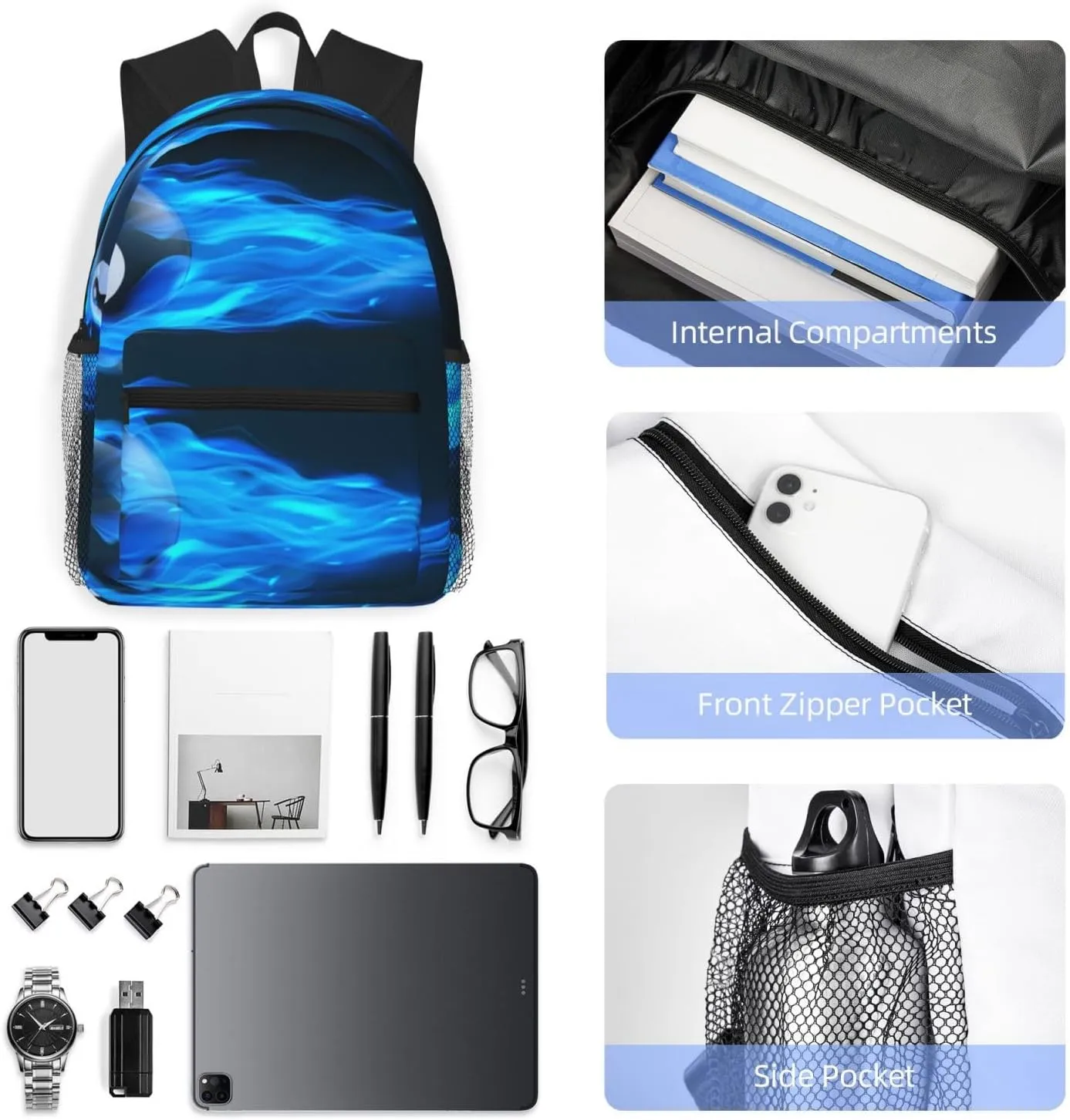 Billiard 8 Ball Blue Fire Backpack, Travel Laptop Backpack Computer Bag Rucksack for Men Women Business Work Fits 15.6 Inch Notebook