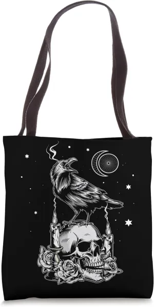 Black Crow Raven Skull Viking Norse Occult Gothic Tote Bag