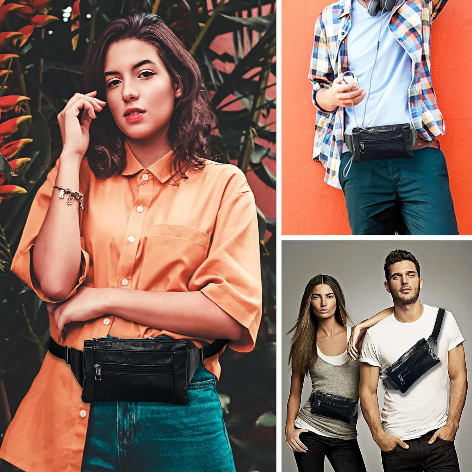 Black Leather Fanny Pack For Women Or Men, Cowhide 6 Pockets With Adjustable Strap Of Fashionable Slim Belt Waist Pack For Daily Life，Travelling，Shopping