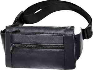 Black Leather Fanny Pack For Women Or Men, Cowhide 6 Pockets With Adjustable Strap Of Fashionable Slim Belt Waist Pack For Daily Life，Travelling，Shopping