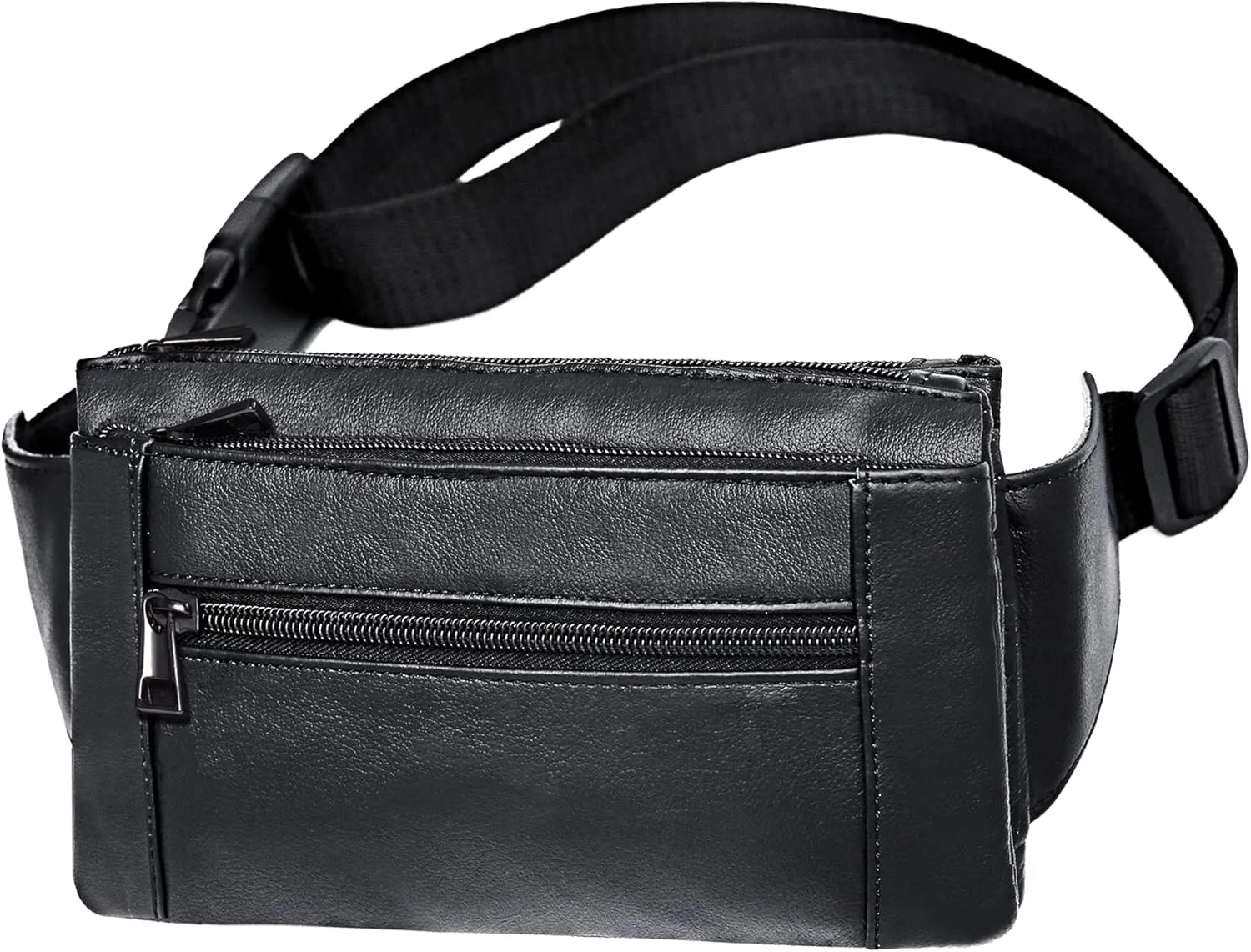Black Leather Fanny Pack For Women Or Men, Cowhide 6 Pockets With Adjustable Strap Of Fashionable Slim Belt Waist Pack For Daily Life，Travelling，Shopping