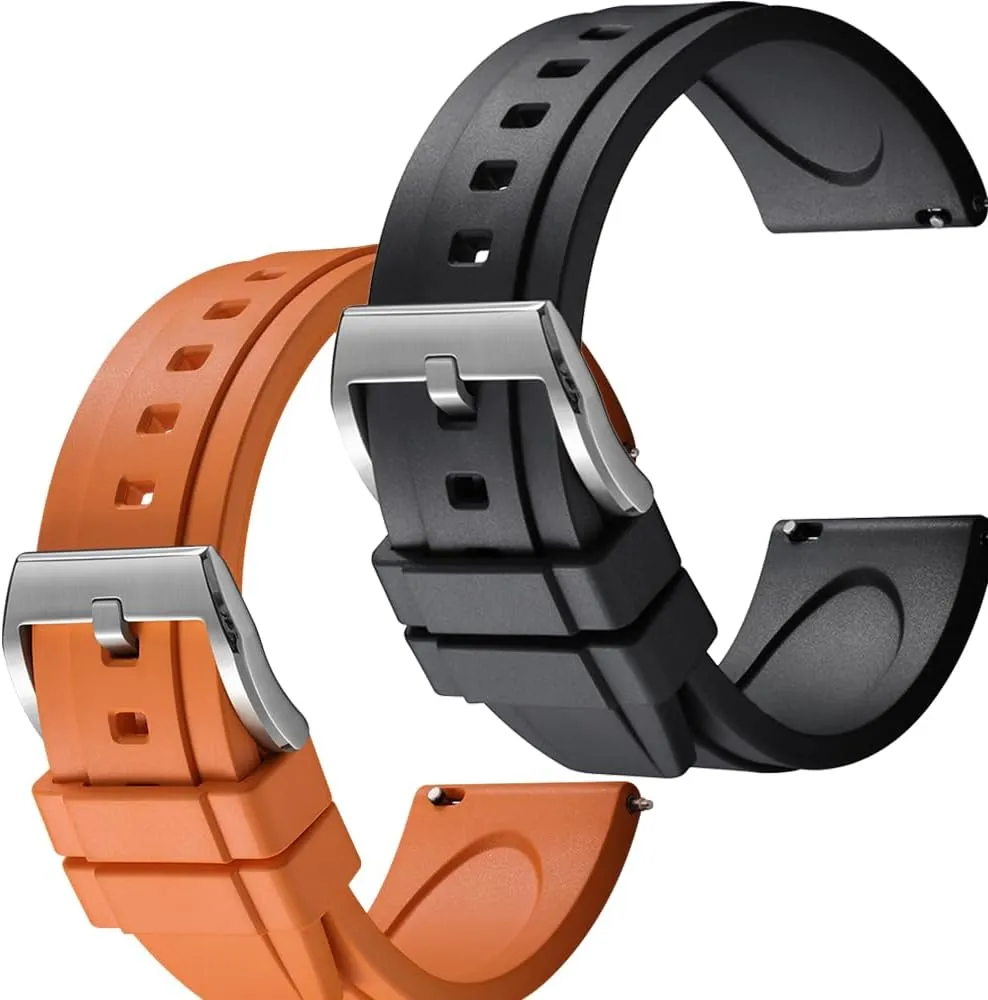Black/Orange Easy Swapping Quick-Release FKM Rubber Watch Straps Set of 2, 21mm