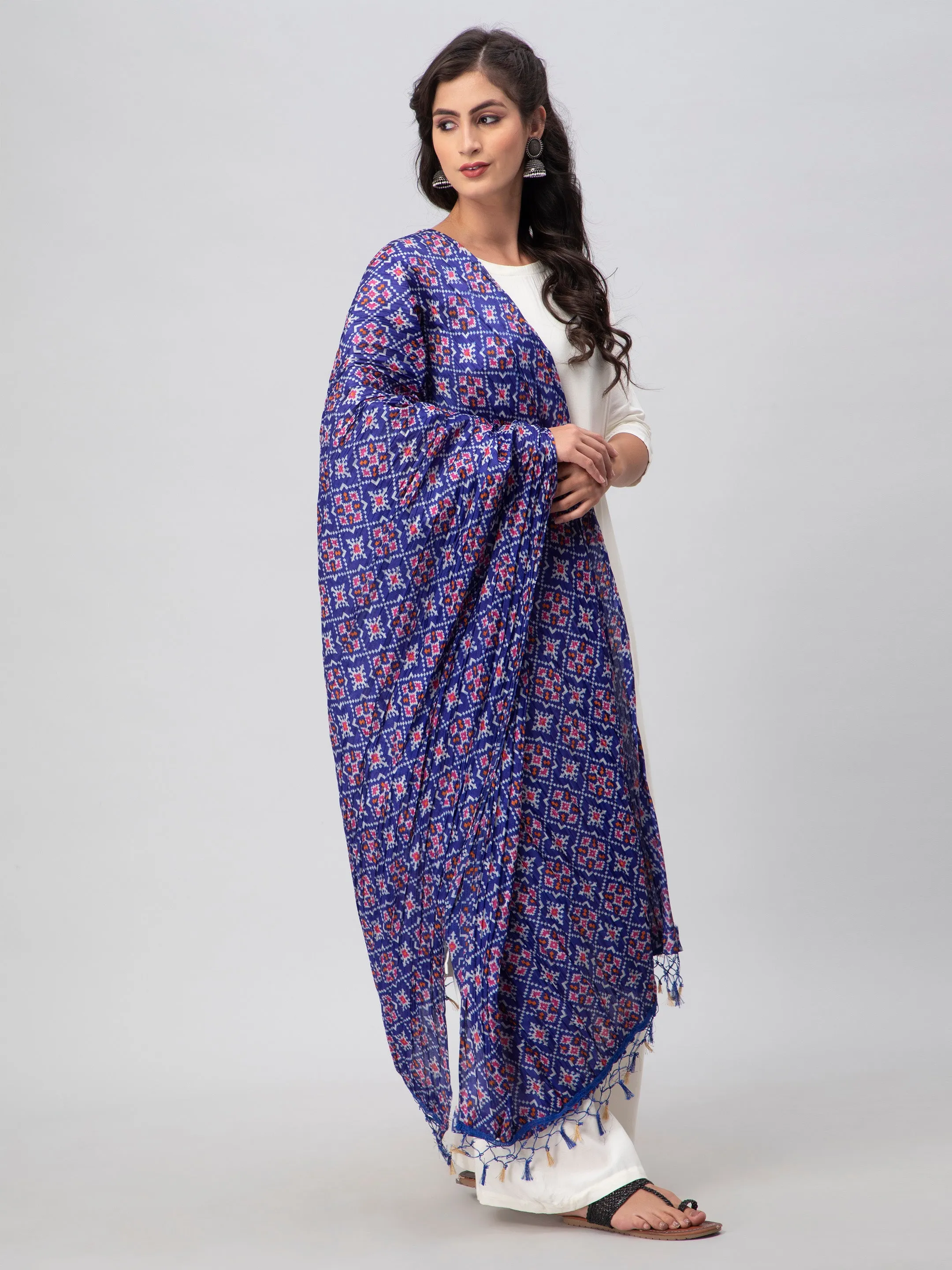 Blue Printed Silk Blend Dupatta