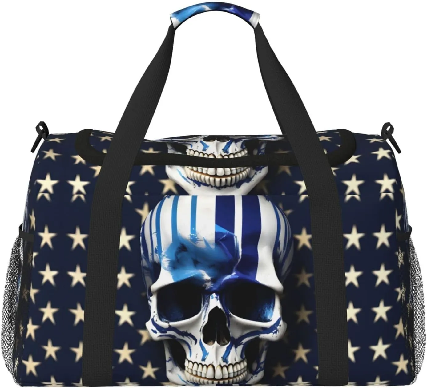 Blue Stripe Stars Skull print Weekender Overnight Carry On Bag Gym Luggage Bag Duffel Bag for Travel Women