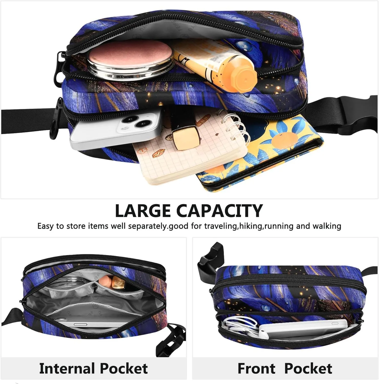 Blue Watercolor Feathers Womens Fanny Pack Waterproof Belt Bag Hip Pack Cute Travel Waist Pouch