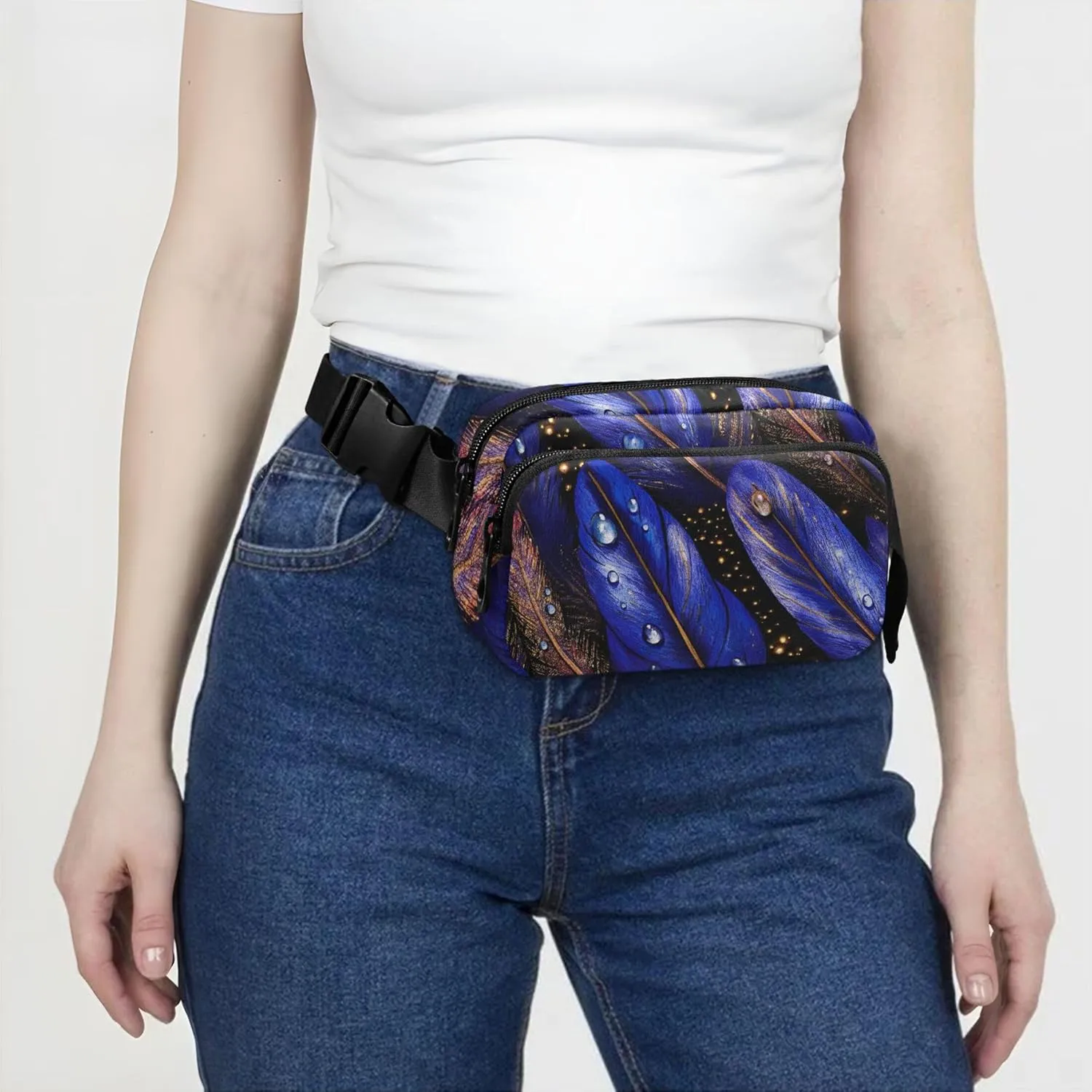 Blue Watercolor Feathers Womens Fanny Pack Waterproof Belt Bag Hip Pack Cute Travel Waist Pouch