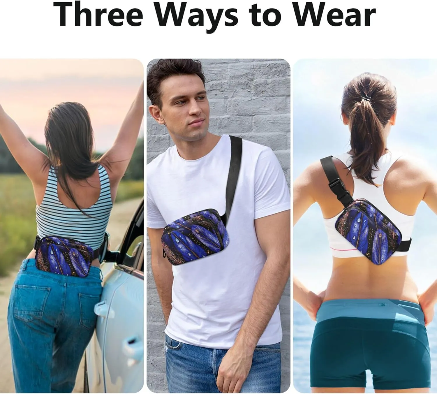 Blue Watercolor Feathers Womens Fanny Pack Waterproof Belt Bag Hip Pack Cute Travel Waist Pouch