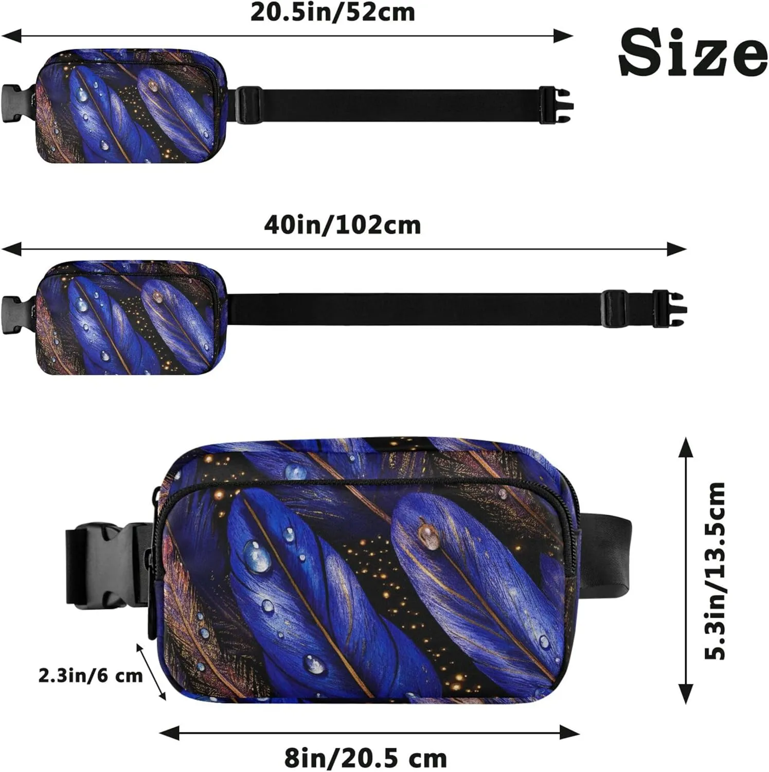 Blue Watercolor Feathers Womens Fanny Pack Waterproof Belt Bag Hip Pack Cute Travel Waist Pouch