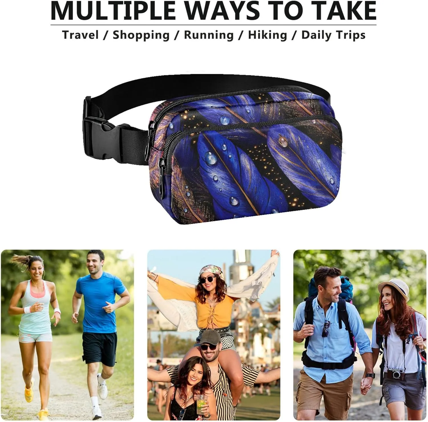 Blue Watercolor Feathers Womens Fanny Pack Waterproof Belt Bag Hip Pack Cute Travel Waist Pouch