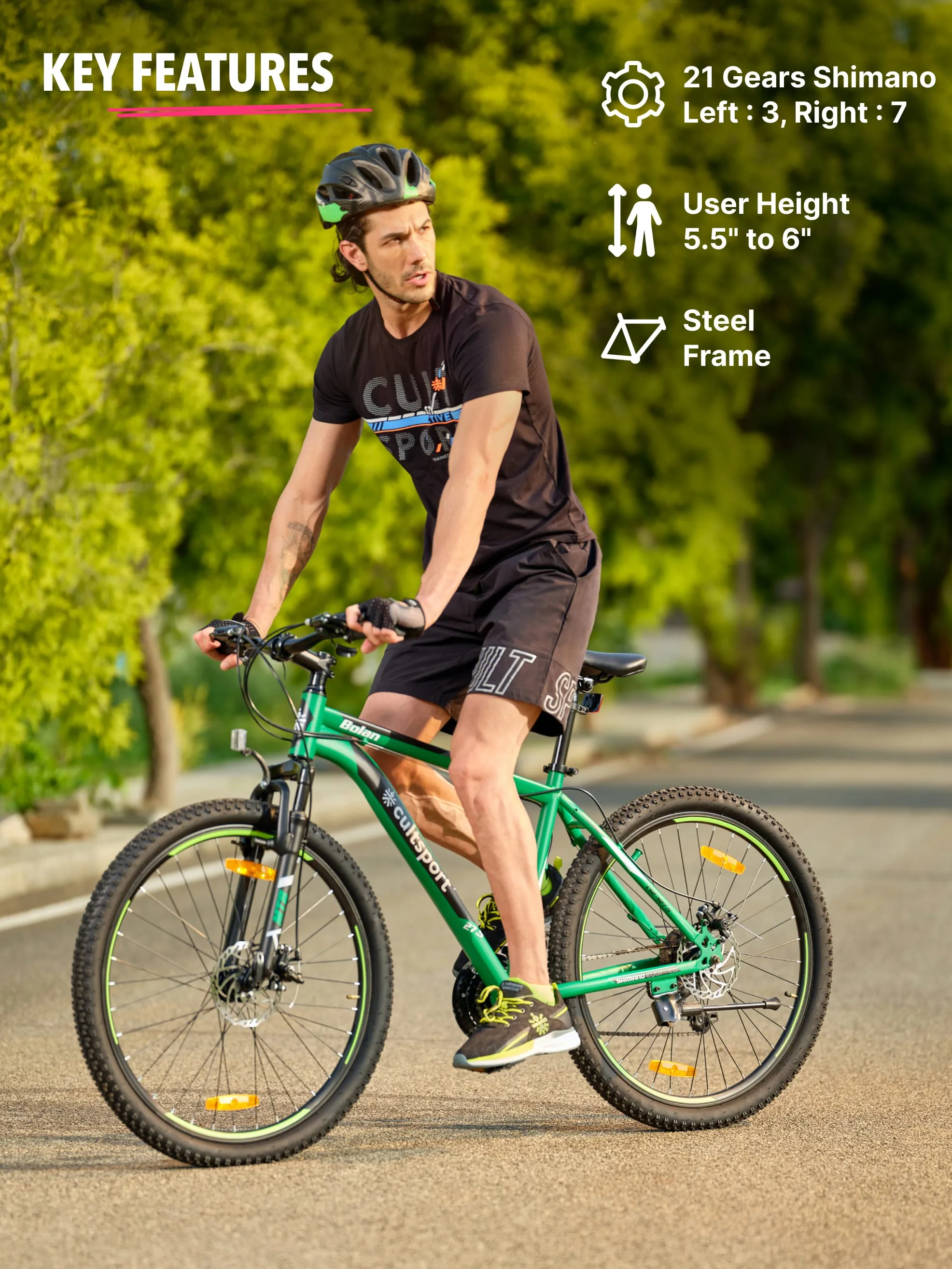 Bolan Steel 21 Speed Shimano Gear 27.5 inch Mountain Cycle, Dual Disc Brake, Front Suspension, Double Wall Rim, Green, Free Trainer Sessions,Cycling Event