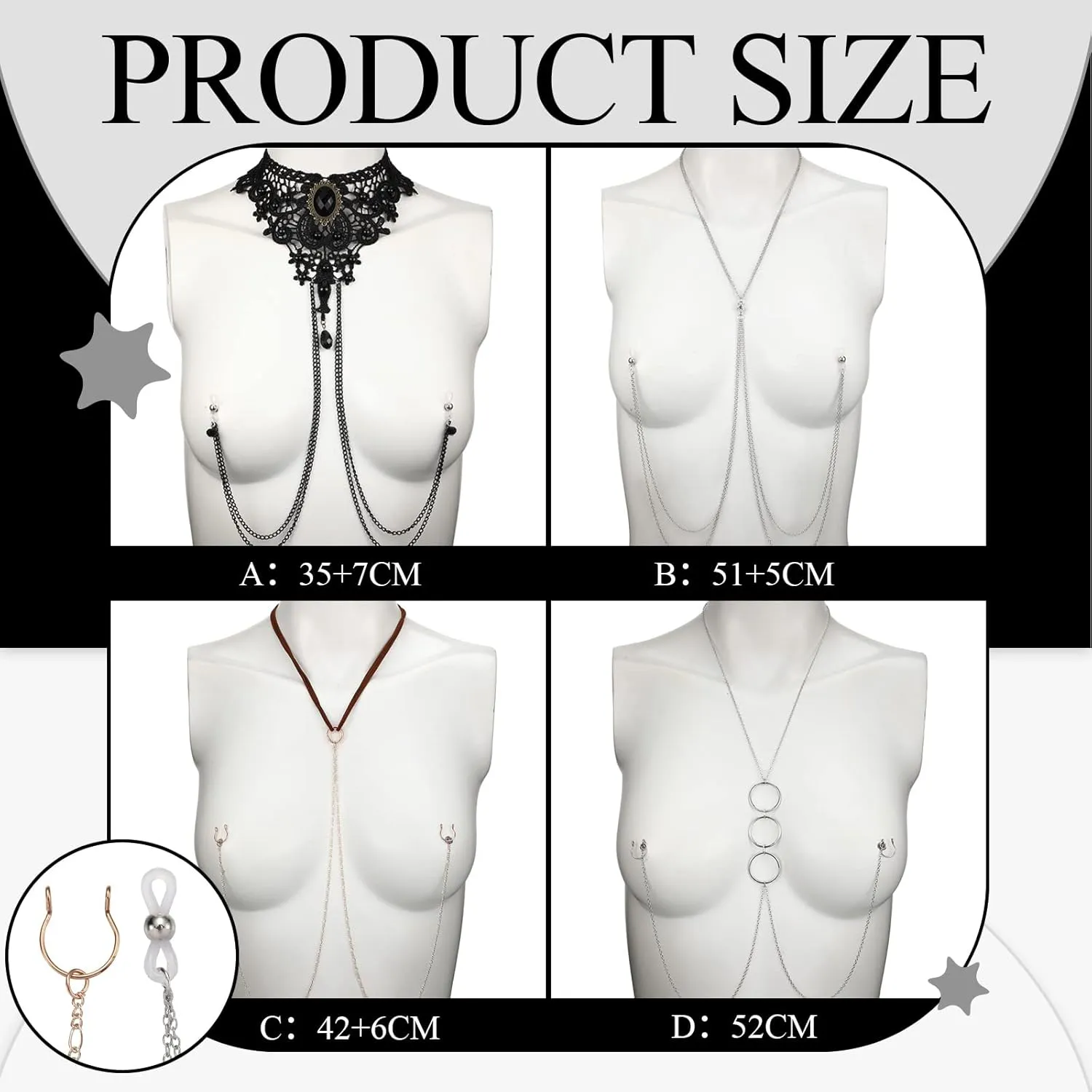Bonuci 4 Pcs Non Piercing Bra Body Chain with Necklaces Body Chain Non Piercing Adjustable Bra Jewelry