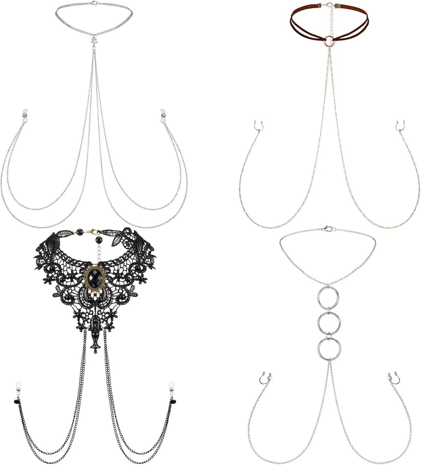Bonuci 4 Pcs Non Piercing Bra Body Chain with Necklaces Body Chain Non Piercing Adjustable Bra Jewelry