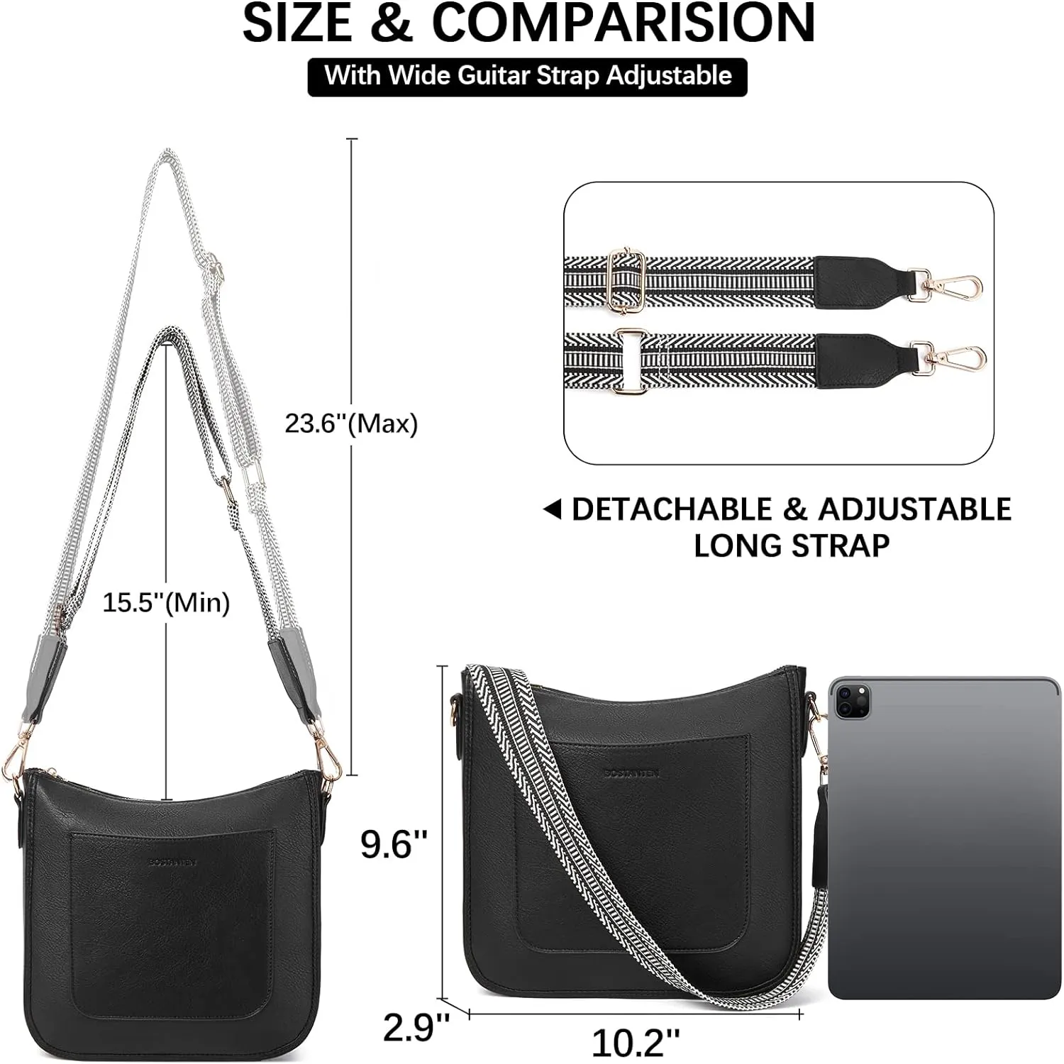 BOSTANTEN Crossbody Bags for Women Trendy Vegan Leather Hobo Handbags Fashion Shoulder Purse with Adjustable Guitar Strap