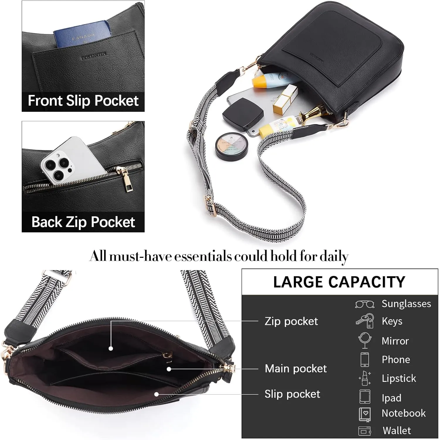 BOSTANTEN Crossbody Bags for Women Trendy Vegan Leather Hobo Handbags Fashion Shoulder Purse with Adjustable Guitar Strap